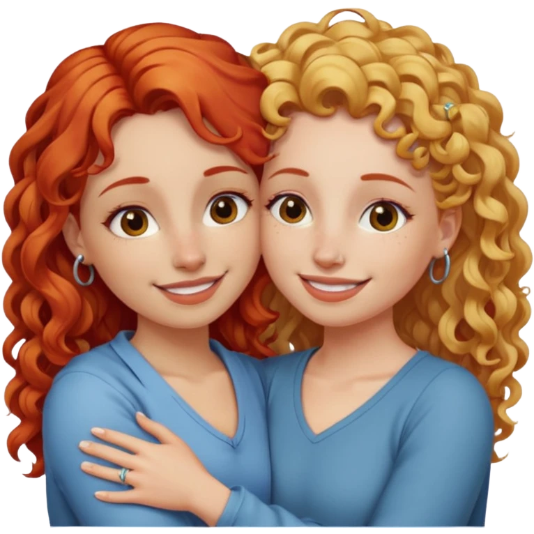 A woman with straight blonde hair and a nose piercing and a woman with curly red hair and a nose piercing are hugging and smiling together. emoji