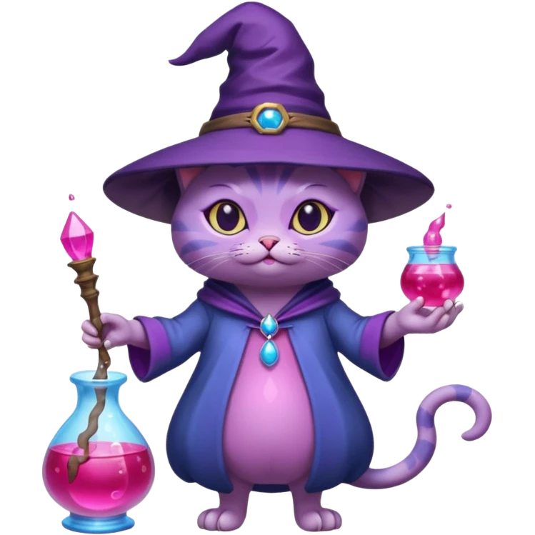 Purple witch cat full body with pink potion and blue potion bubbling  emoji