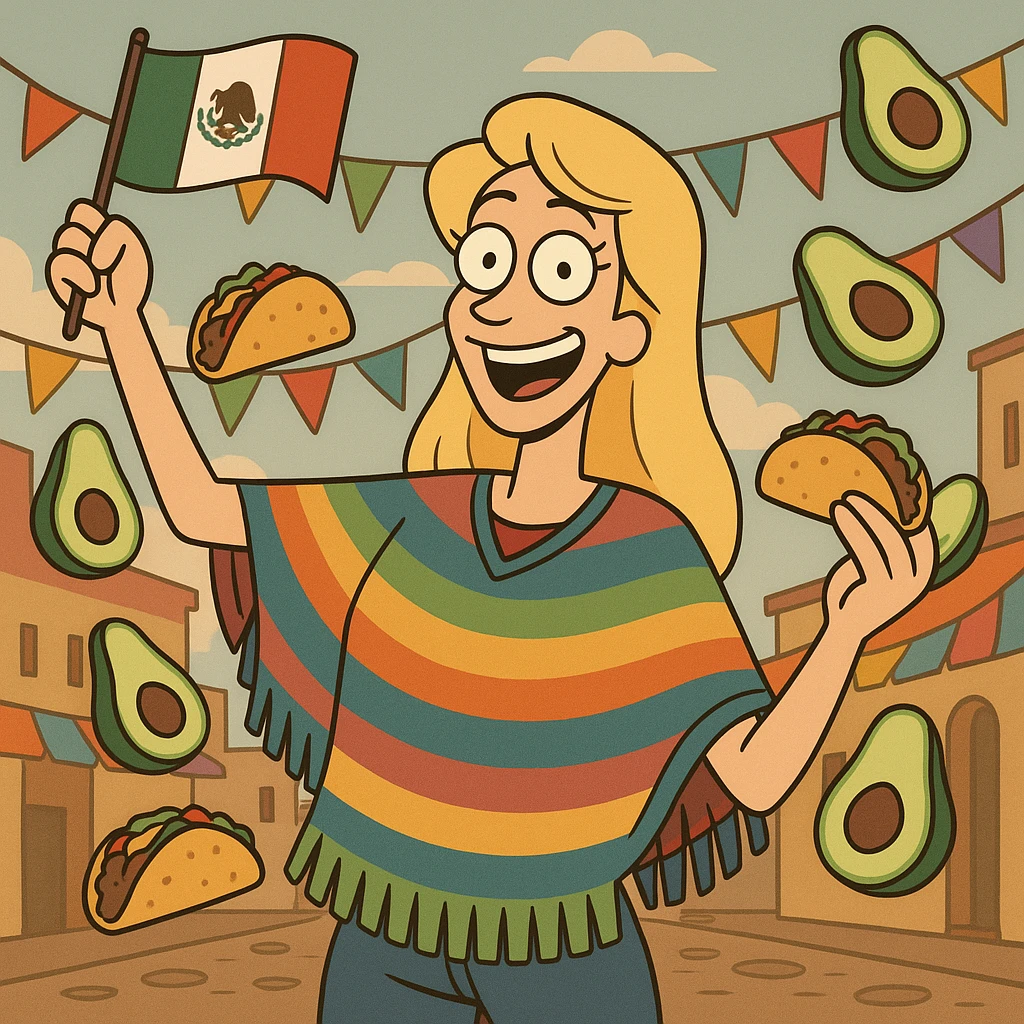 playful cartoon of a tall blonde woman wearing a colorful poncho, smiling, holding a taco and an avocado, waving a Mexico flag, surrounded by tacos and avocados, street party scene emoji