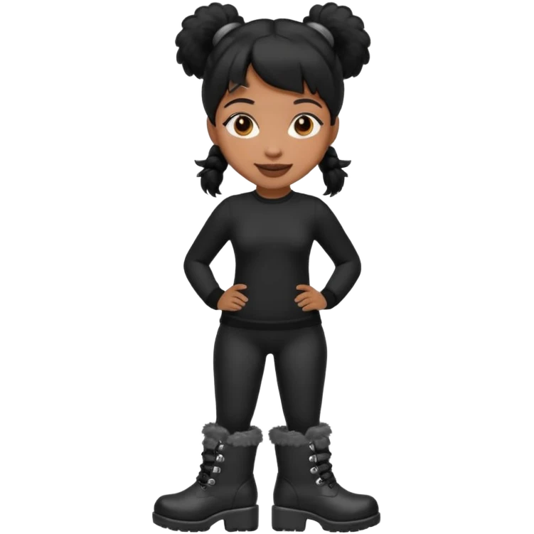 A brown skin thats slim and thick body with black hair into two pigtails and wears all black outfit with gray furry boots  emoji