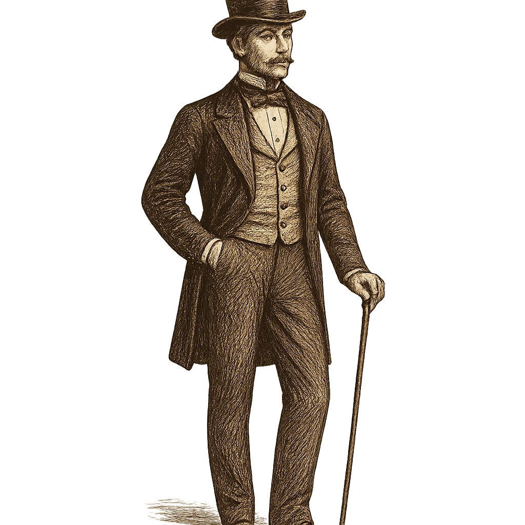 19th century gentleman standing, top hat, tailcoat, cane, waistcoat, full body, no background, different artistic style emoji