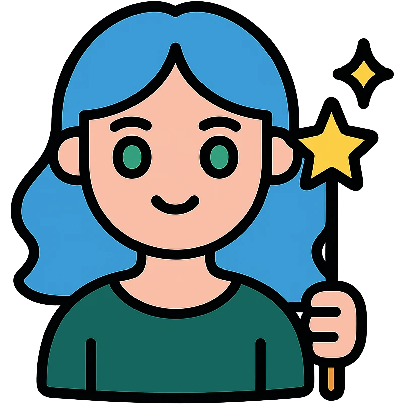 beautiful girl with blue hair and green eyes, holding a magic wand, wearing dark green dress, icon style emoji