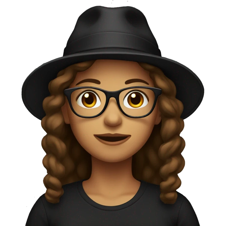 woman with long brown chin, a hat, glasses, black t-shirt emoji