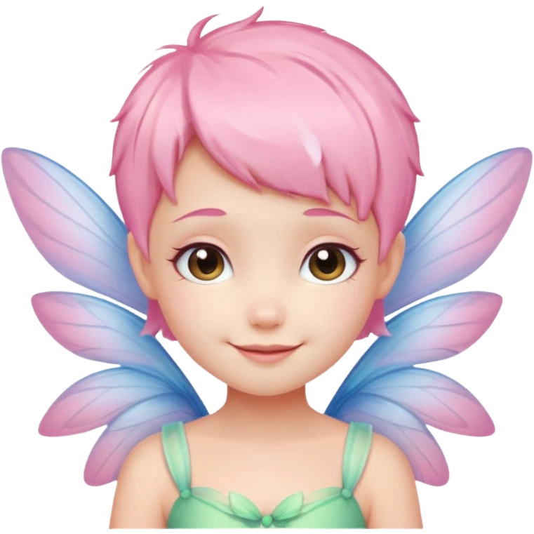 A tiny pastel fairy with pink short hair with glowing wings and a sweet smile  emoji