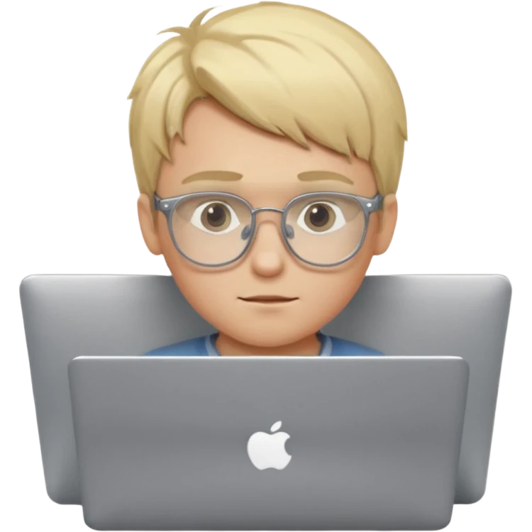 Blonde boy using laptop wearing clear glasses emoji