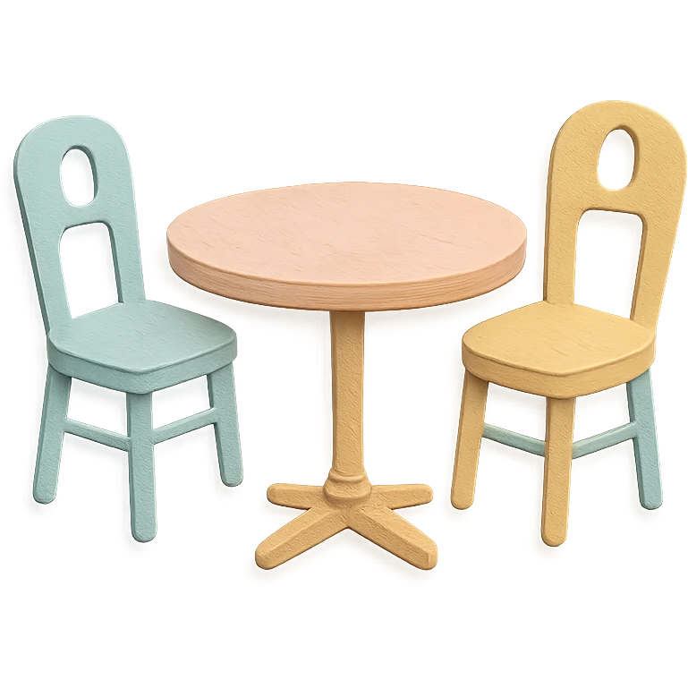 coffee shop table and three chairs, soft pastel hand-drawn illustration emoji