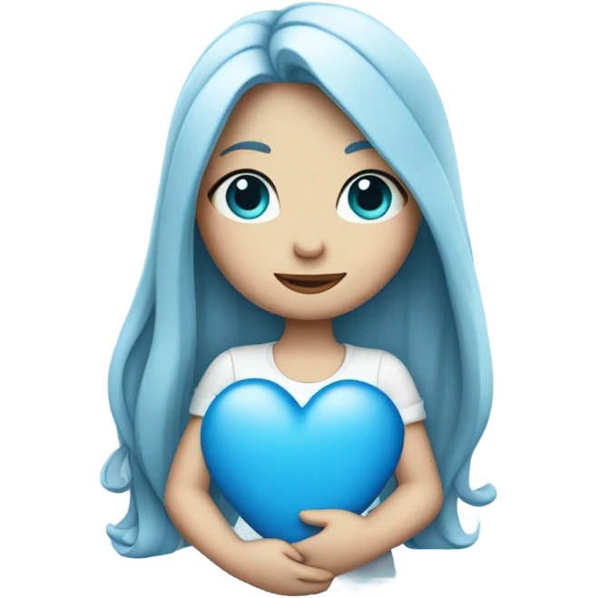 white girl with long blue hair holding a blue heart emoji