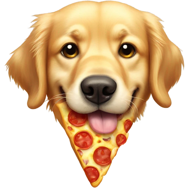 Golden retriever with pizza slice hanging from his mouth. Have the golden biting down on the pizza  emoji
