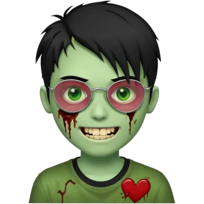 Zombie emo boy, green skin and black hair, chrome heart glasses and a scary cut open smile, scars and blood under eyes emoji
