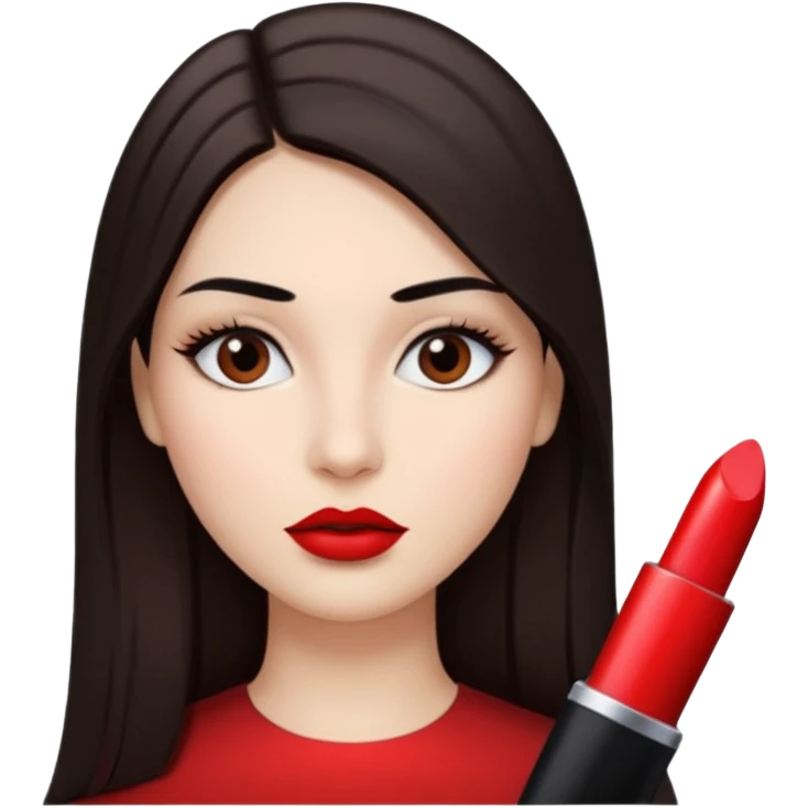 A woman emoji with fair skin, long straight dark brown hair parted in the middle, dark eyebrows, and red lipstick. emoji
