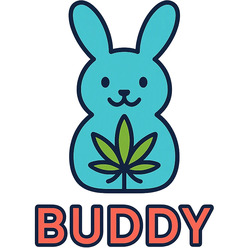 minimal rabbit logo for a cannabis AI chatbot named Buddy, incorporating a stylized cannabis leaf, simple and memorable emoji