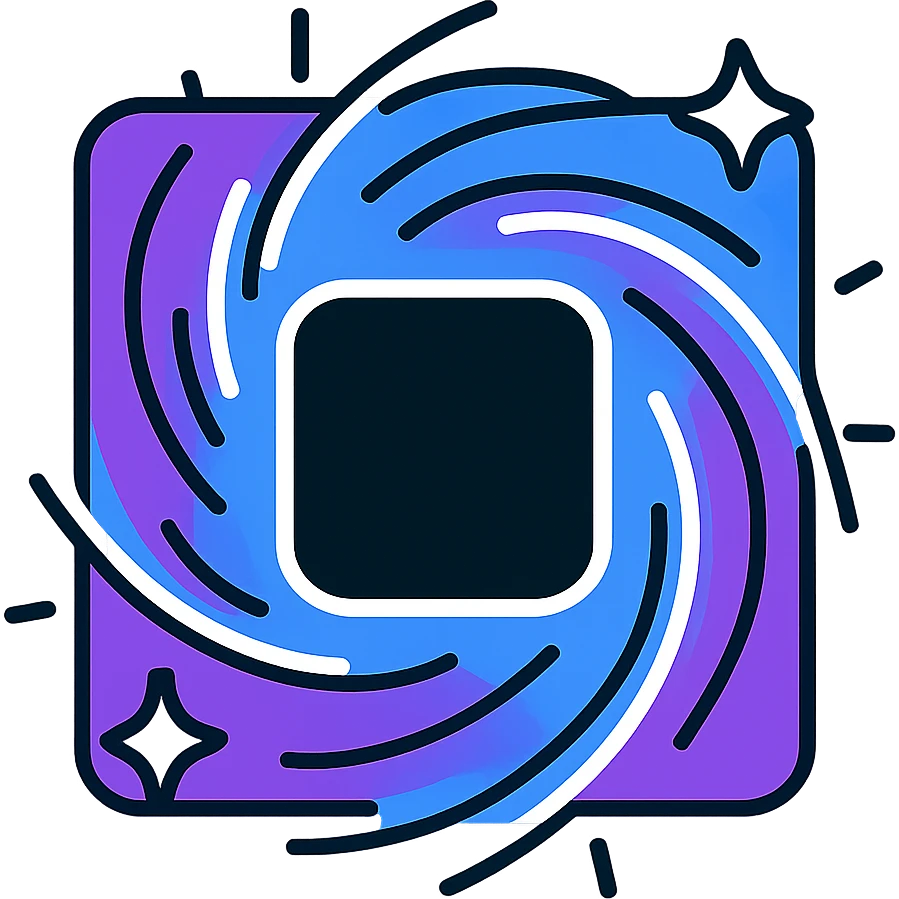 cuadrado de stop con centro oscuro tipo agujero negro, borde arremolinado púrpura y azul, resplandor de neón blanco, efecto animado de remolino y resplandor emoji