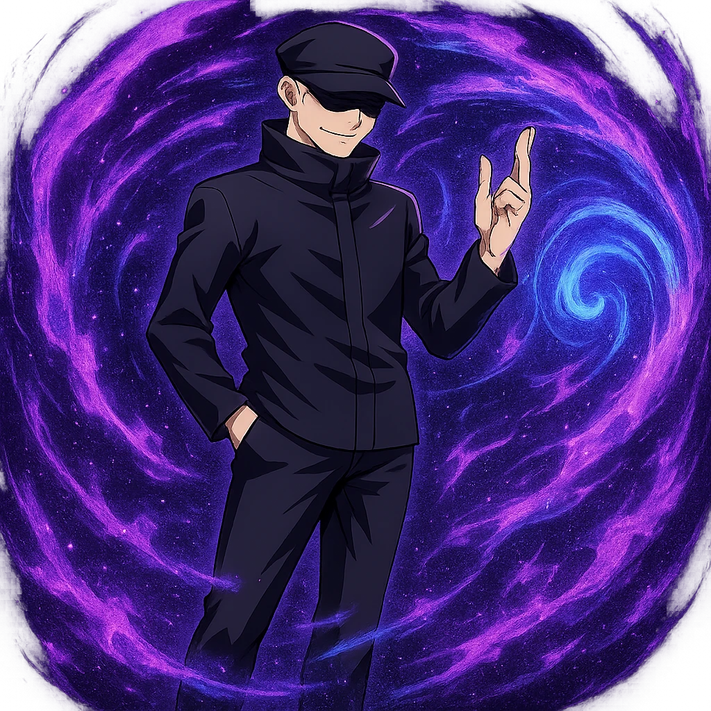 Add Hollow Purple effect with swirling purple and blue energy around Gojo Satoru, keeping his confident pose, in anime style, no background. emoji