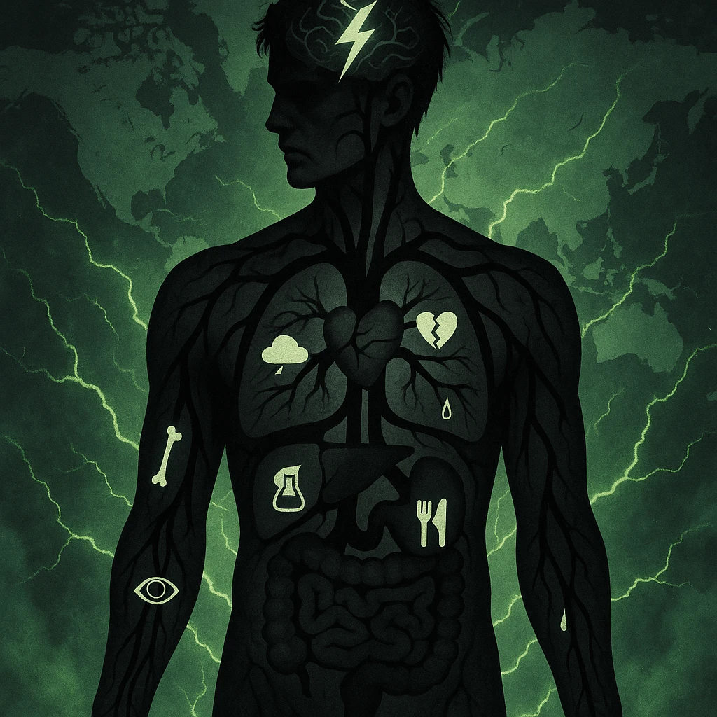 semi-realistic, high contrast style human figure with black parasite tendrils branching to organs, each organ marked with a disease icon (brain: ⚡, heart: 💔, lungs: 💨, liver: 🧪, gut: 💩, joints: 🦴, skin: 🌡️, eyes: 👁️, kidneys: 💧, stomach: 🍽️), world map, glowing fissures, green mist emoji
