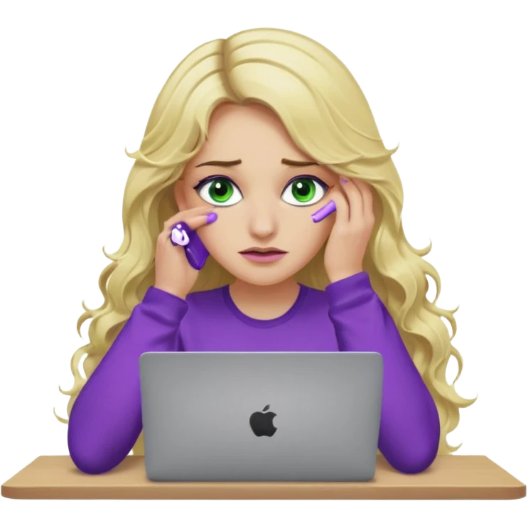 lady with long wavy blonde hair, purple top, green eyes, elbow on desk with hand on face, with a purple mac laptop tears down face. emoji