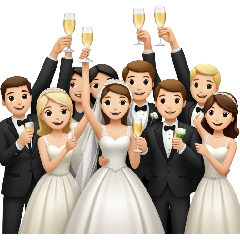 Wedding party raising joints for a celebratory toast, colorful wedding group with bride and groom at the center, cheerful cartoon style emoji