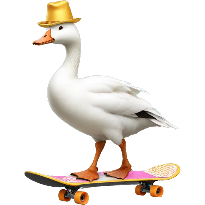 White goose wearing party hat riding skateboard emoji
