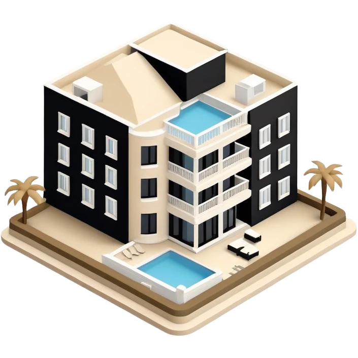 Isometric exterior little black, beige, and white resort hotel, modern dollhouse style 3D realistic  emoji