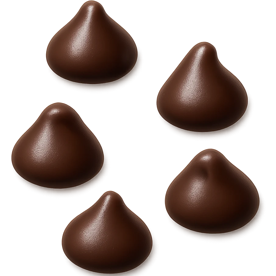 Create exactly 5 semi-sweet chocolate chips scattered in a natural, slightly irregular arrangement. Each chip has a classic teardrop shape with a glossy dark brown surface, slightly rounded point, and subtle reflections and shading for depth. The chips are solid, dry, bite-sized, 3D-rendered, clean, minimal with soft shadows. No faces or packaging. Transparent background. Emoji scale. emoji