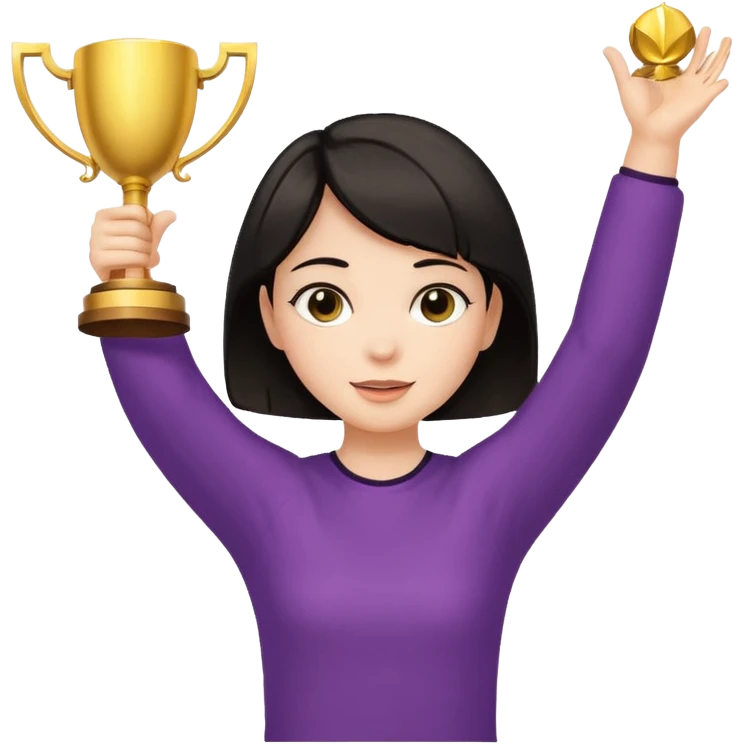 Девушка с тёмными короткими волосами с поднятыми вверх руками с кубком  emoji