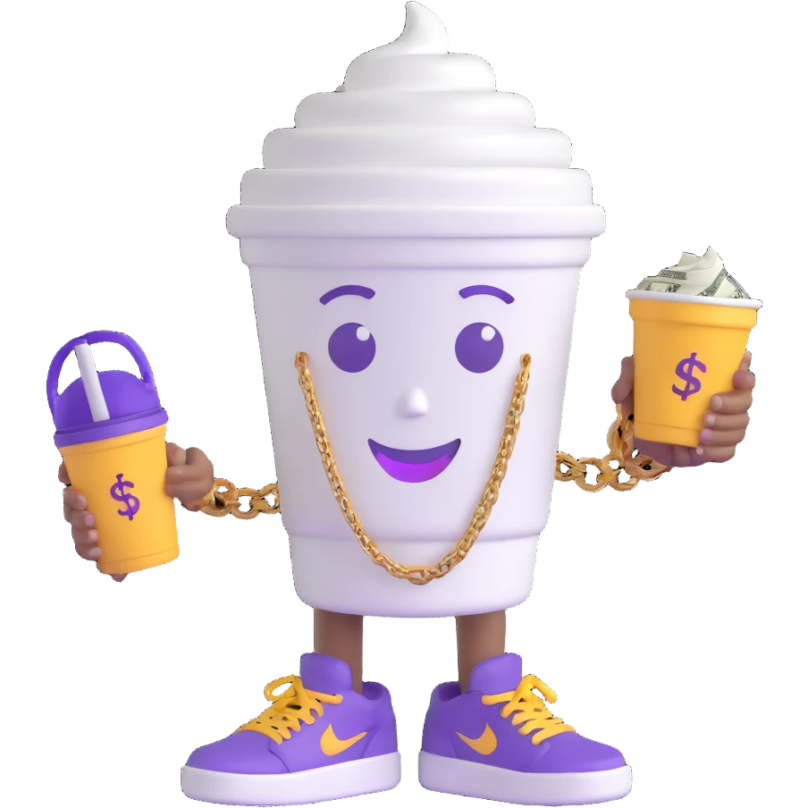 Transform the cartoon Styrofoam cup of lean character into a 3D cartoon style. Keep the friendly face, arms, gold chain with dollar sign, and purple Jordan sneakers. The cup should be white with purple liquid inside, with a simple and clean look. No background. emoji