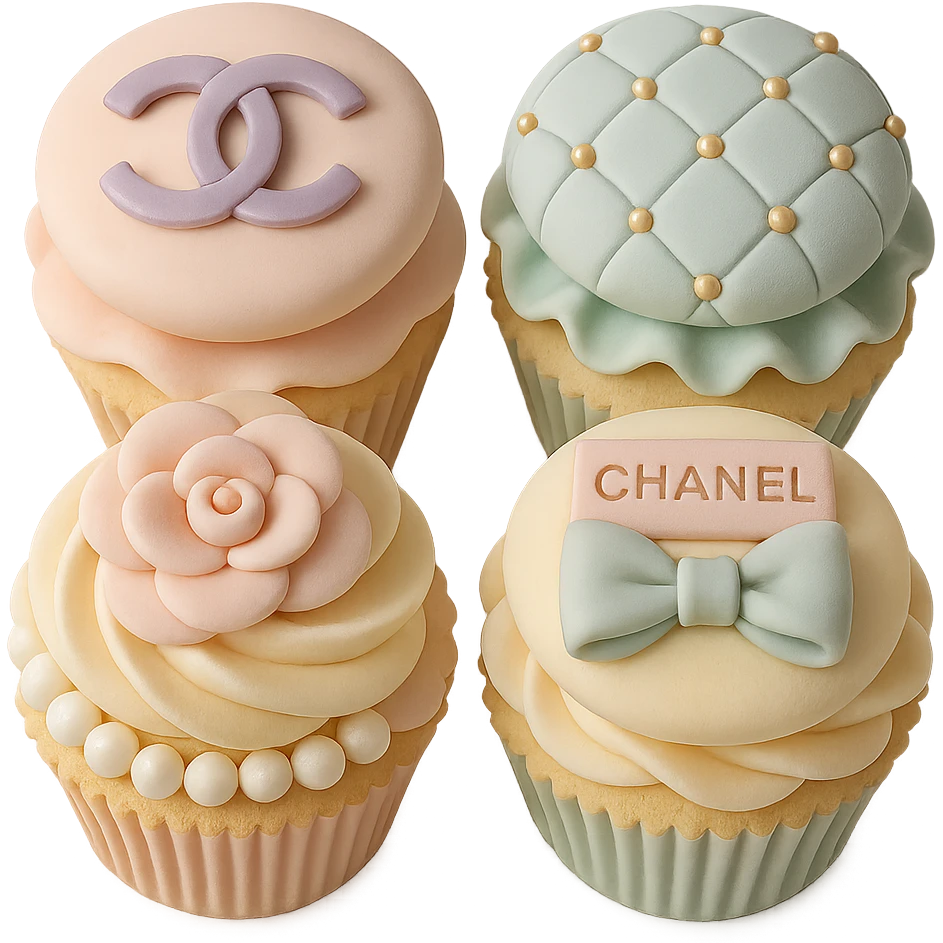 Chanel-themed pastel cupcake set in fondant cake art style, each with a different edible logo or accessory emoji