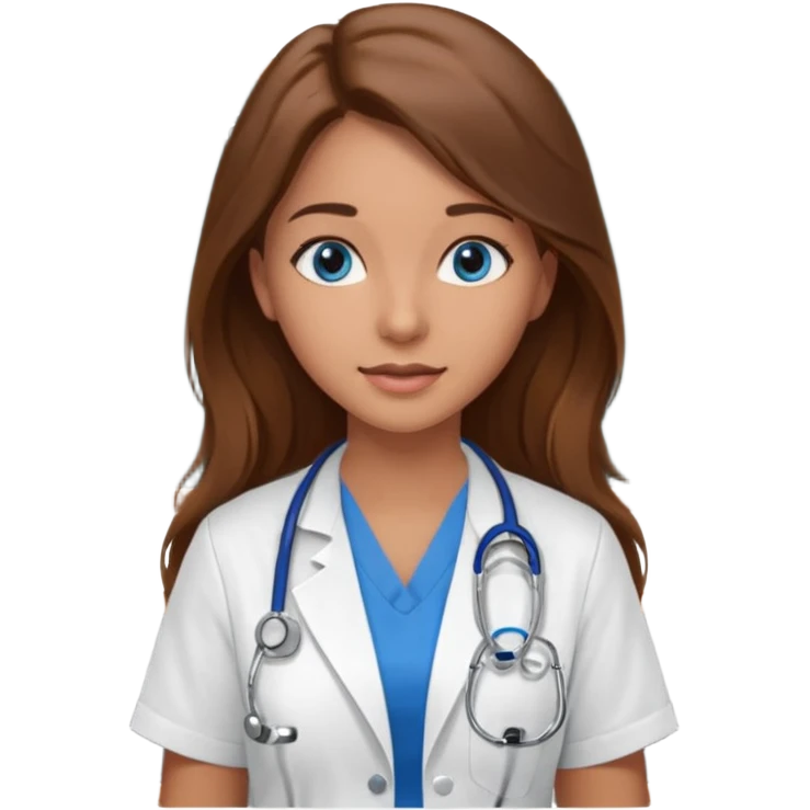 inside a classroom at university that says nursing school on the board with a pretty female nursing student with long brown hair, blue eyes emoji