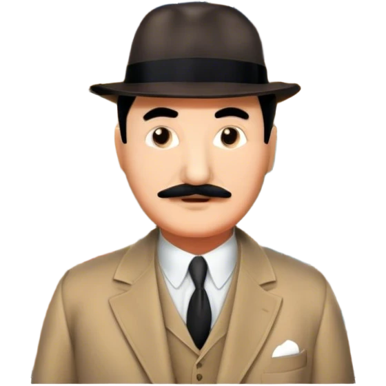 Icon for Detective Movies: A colorful collage with Hercule Poirot and mysterious city backdrop. Include a board with photos of suspects, clues like fingerprints and a crime scene. Retro movie poster style. Transparent background. emoji