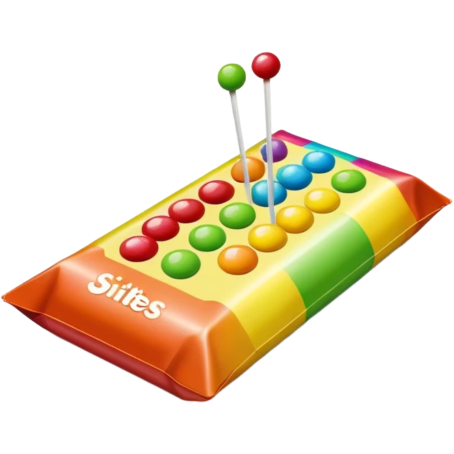 Ultra simplified Skittles package, just a small rectangular rainbow colored package with a few small green circle candies. Absolute minimal design with clean lines. emoji