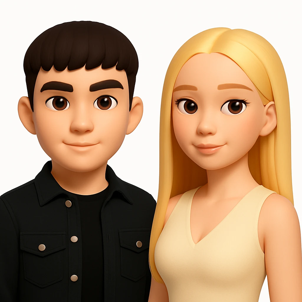 Slightly increase the volume of the upper body of the girl, separate the girl and the boy from each other, make the skin color the same for both characters, keep the cartoon style, white background. emoji