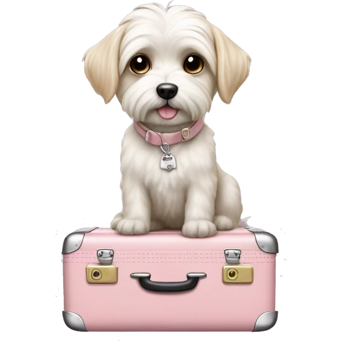Malteses dog in a light pink bag standing on a suit case  emoji
