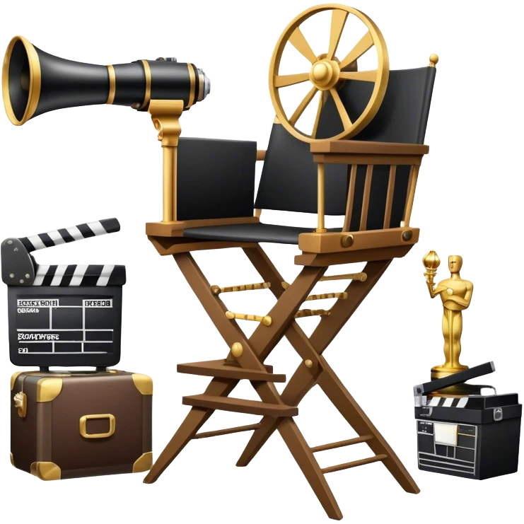 Icon for Directing: a director's chair, a large film camera, a megaphone, a stage set with lights and an Oscar statuette. The icon should represent the creative and leadership aspects of directing, with focus on film and theater production. Transparent background. emoji