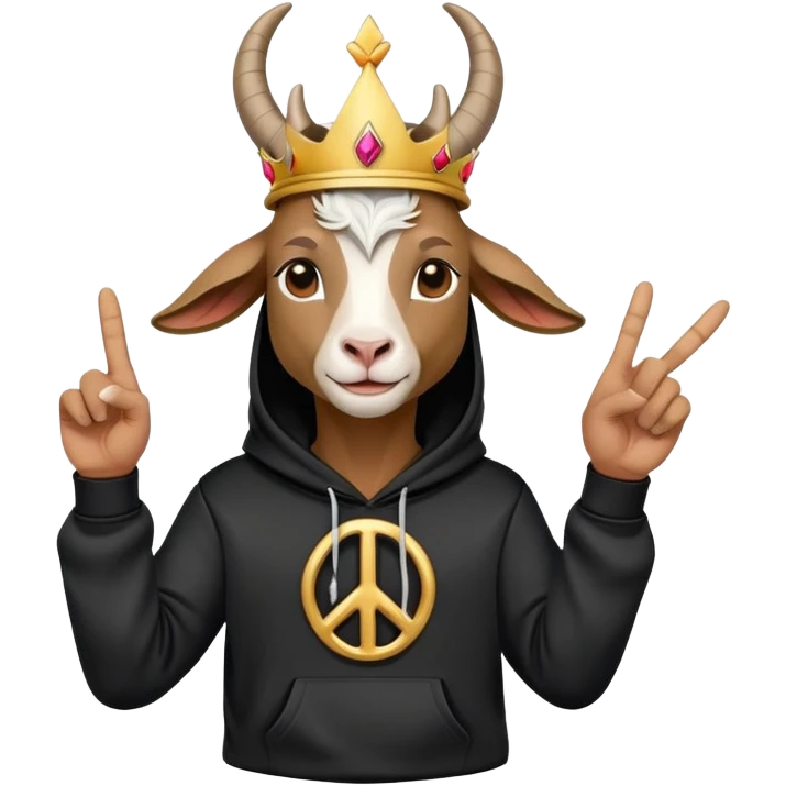 Goat with horns wearing black hoodie and a royal crown peace sign emoji
