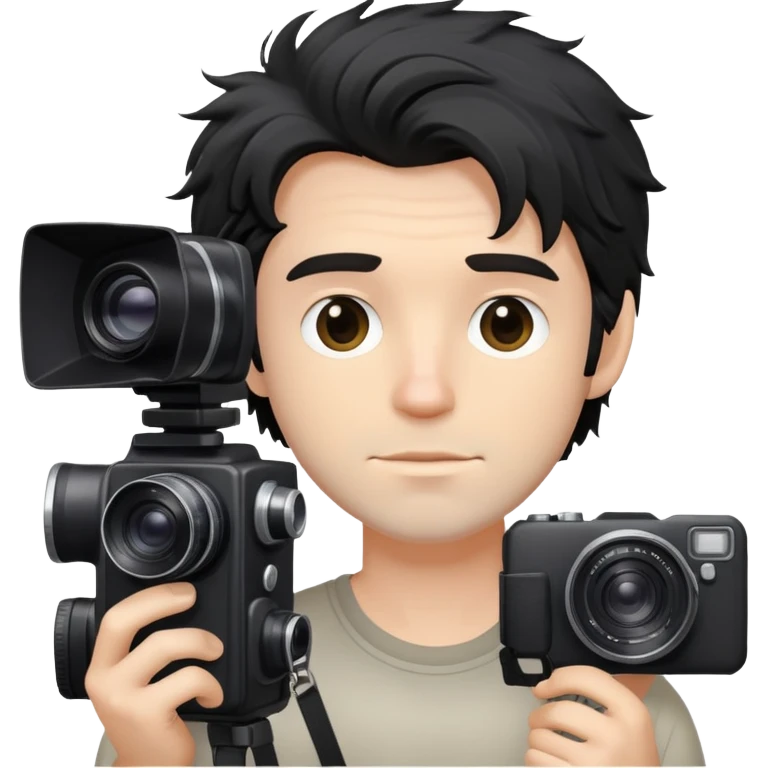 a white man with black messy hair holding a foto camera emoji