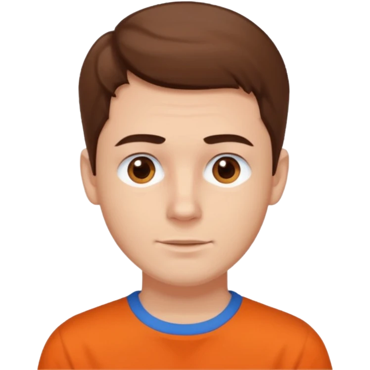 male, white skin, brown hair, brown eyes, orange shirt and blue collarbone emoji