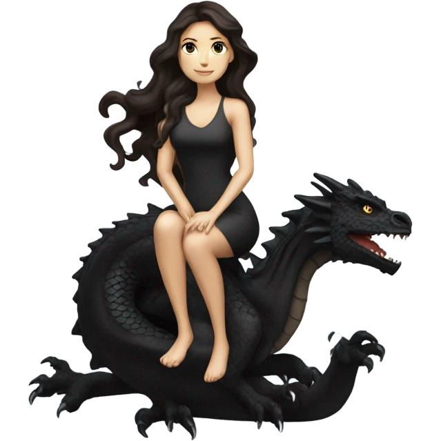 Beautiful white woman with long wavy dark brown hair riding a black dragon emoji
