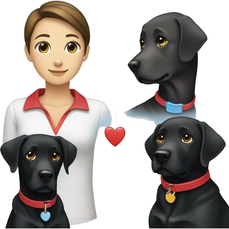 black-coloured labrador on the left with red collar, black-coloured labrador on the right with light blue collar. emoji