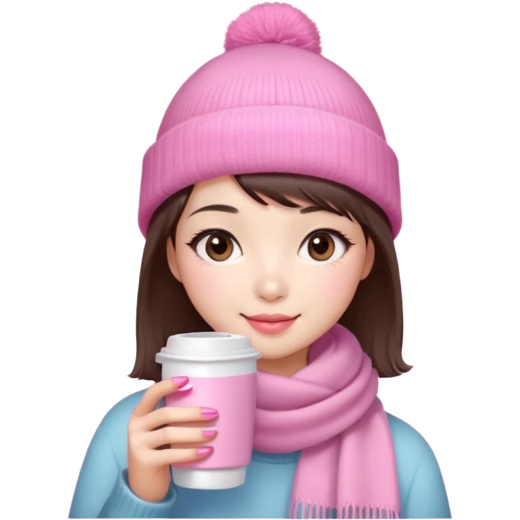 Cute East Asian girl, soft fair skin, big brown eyes, long lashes, natural pink lips, inward brown bob with straight bangs. Wearing pink beanie and scarf, rosy cheeks, shy smile, holding warm drink, pink nail emoji