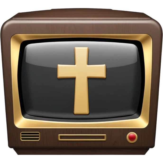 Minimalist emoji-style sticker of a CRT TV in the shape of a coffin, with a cross or static noise on the screen. Desaturated design.  emoji
