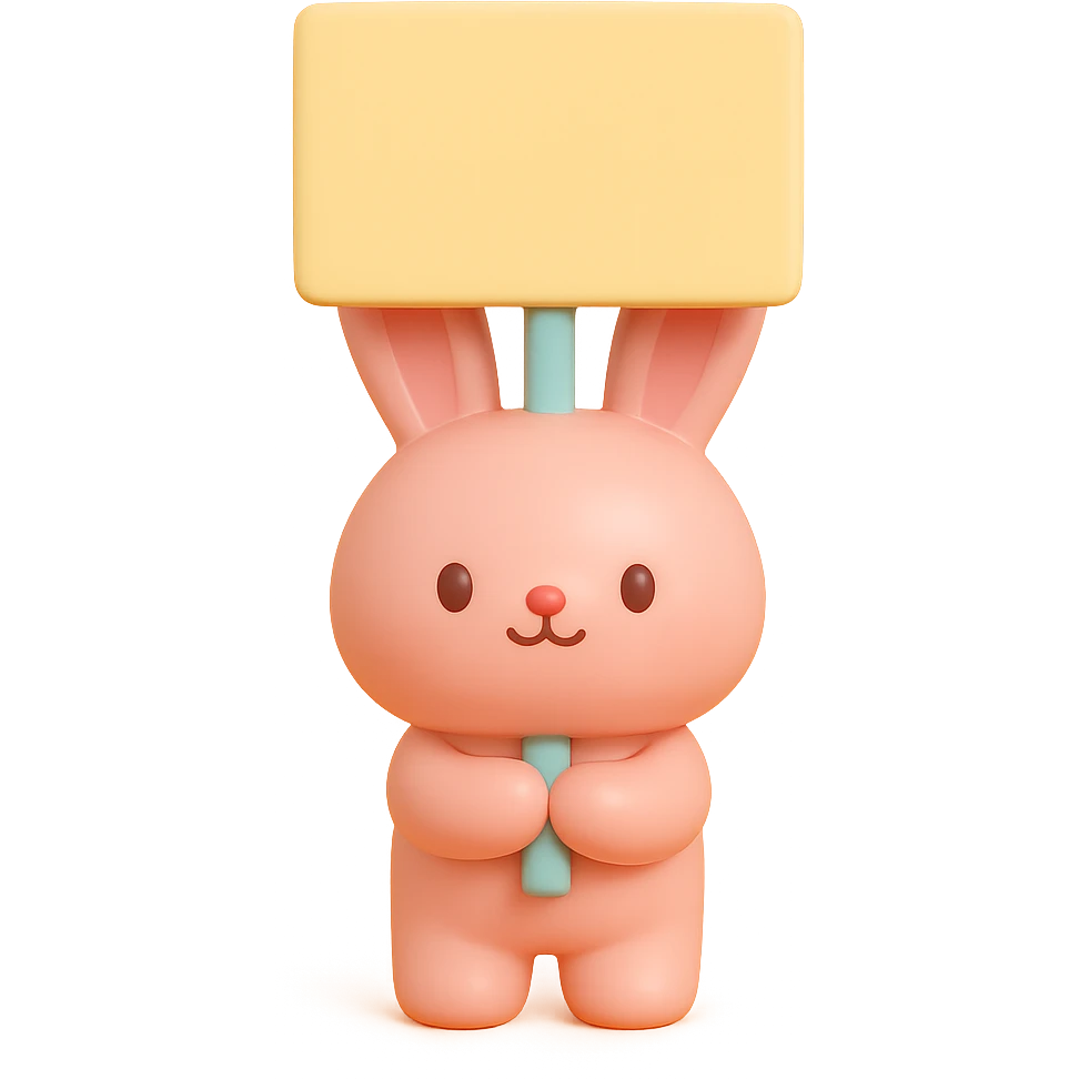 rosy bunny holding signboard high, vinyl figure style emoji
