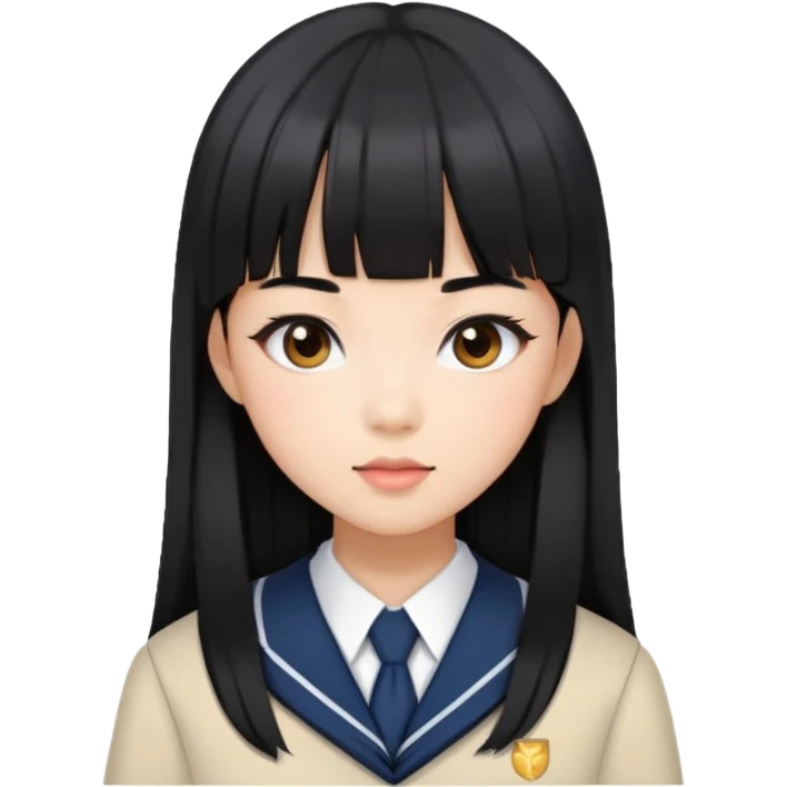 stylish woman with Asian skin, school uniform, long straight black hair with bangs, and soft makeup emoji