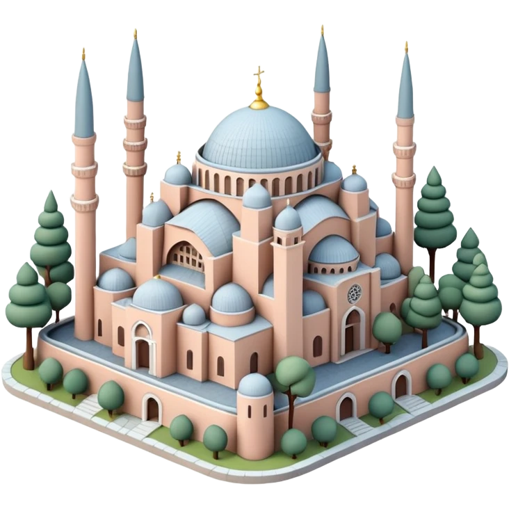 Isometric miniature of Istanbul, centered on Hagia Sophia with domes and minarets, surrounded by a few low-rise buildings and greenery, in pastel diorama style, soft shading. emoji
