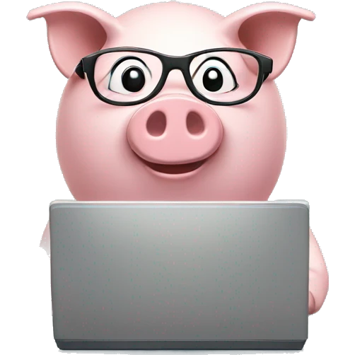 A smiling piggy bank wearing glasses and holding a computer mouse
 emoji