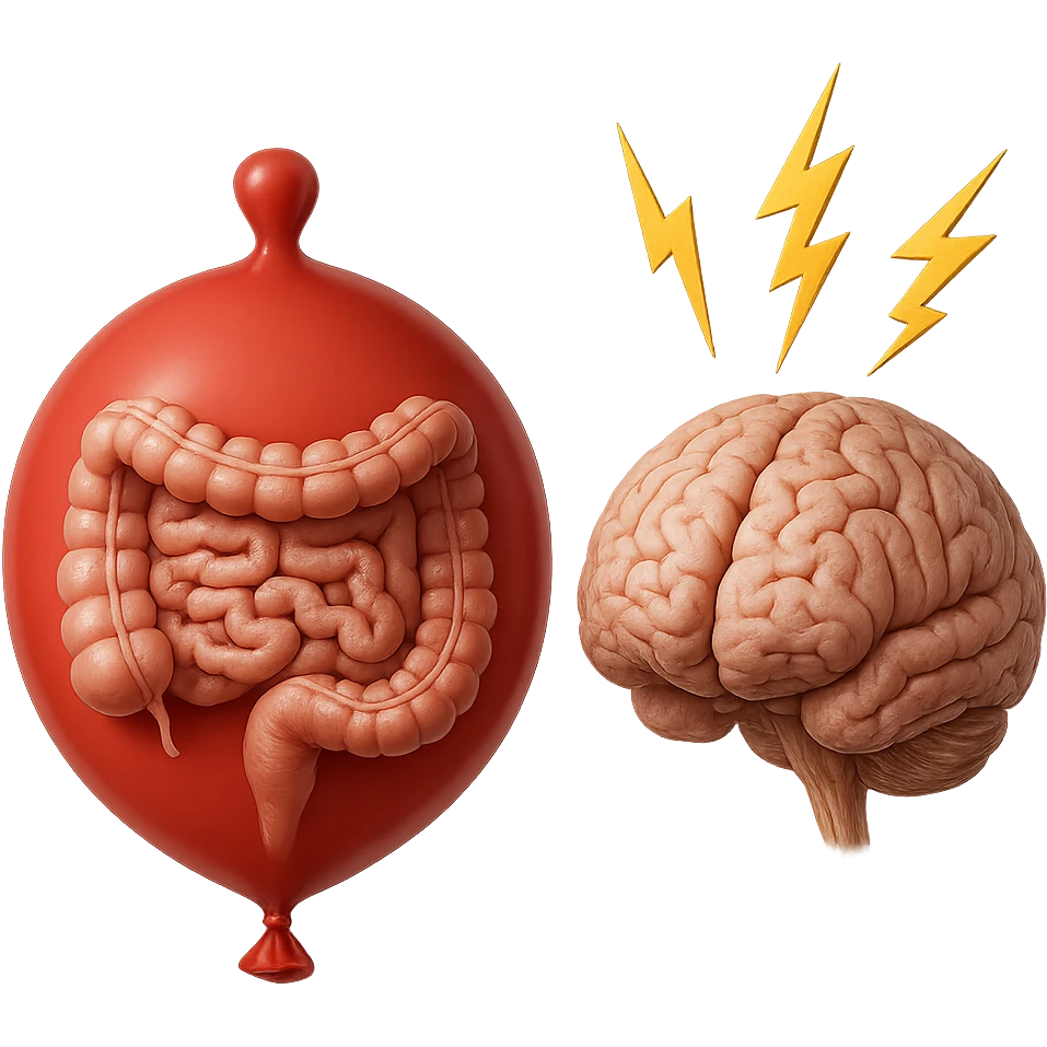 intestino umano anatomico chiuso in un palloncino rosso che simboleggia gonfiore, accanto un cervello anatomico con fulmini vicino che simboleggiano "stress", iperrealistico 4k emoji