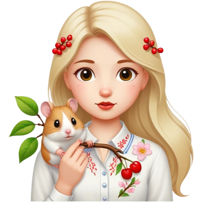 A Ukrainian girl in a white embroidered shirt holds a branch with a blossoming cherry and a hamster emoji