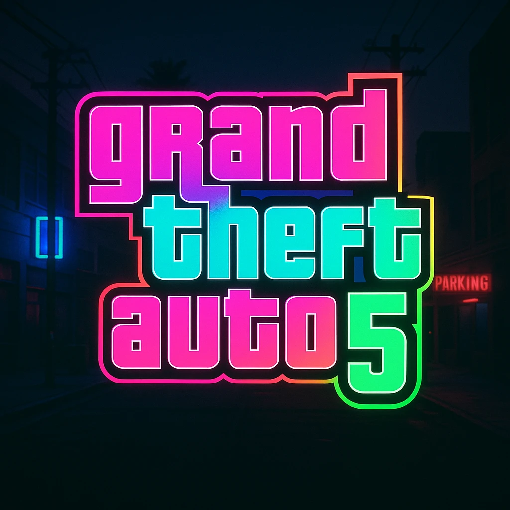 GTA5 inspired logo, bold text, neon colors, urban background, modern graphic style emoji