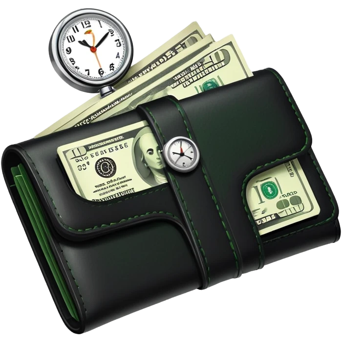 black wallet with green dollar bills visible inside and a small clock in top right corner positioned over the wallet emoji
