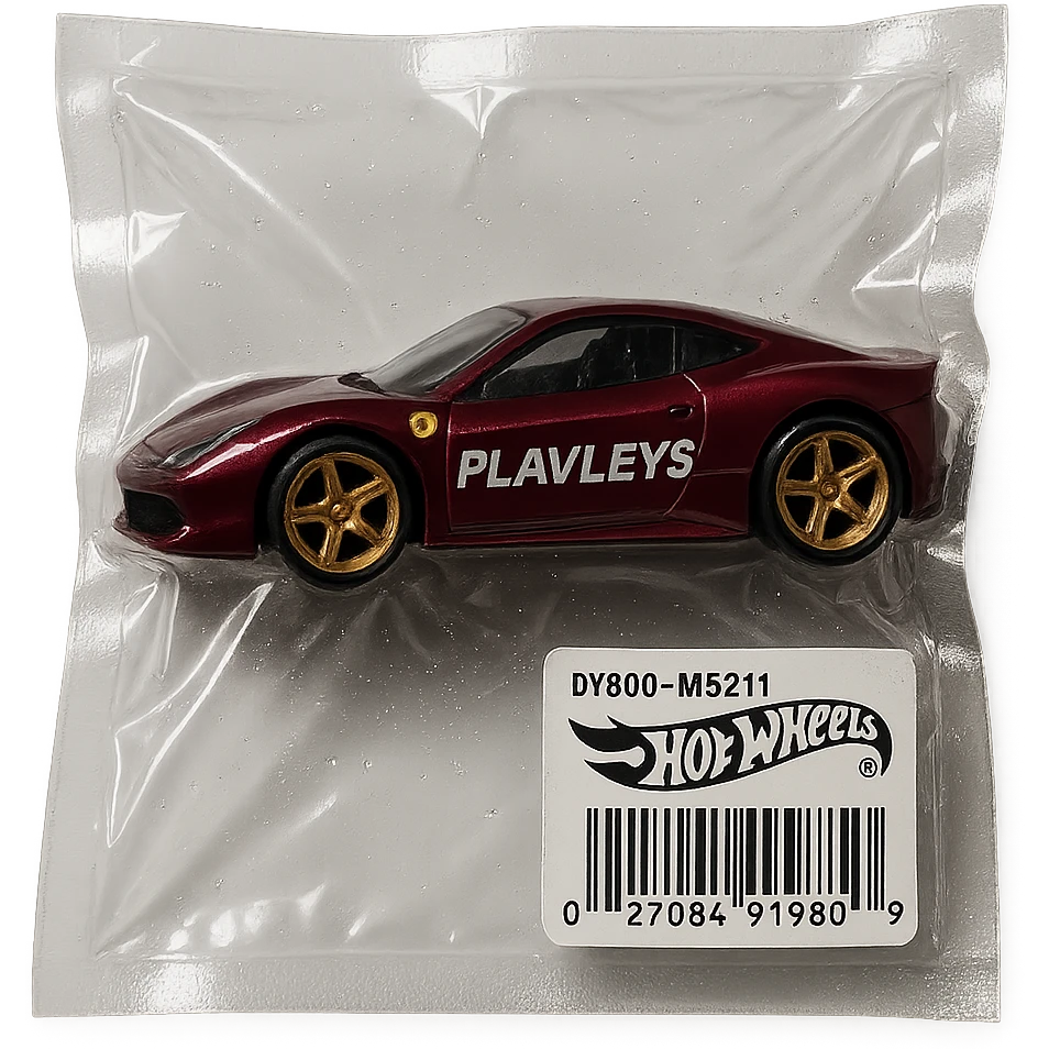 burgundy Ferrari Hot Wheels car with 'PLAVLEYS' text on the side, glossy, vacuum-sealed style emoji