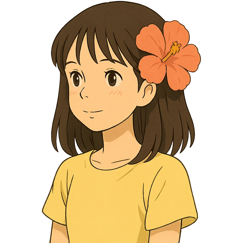 ghibli style girl with straight hair, flower in hair, summer theme emoji