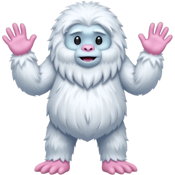 A fluffy, white creature resembling a yeti stands upright, featuring a round body and long, shaggy arms. Its face is smooth with a simple, flat mouth and no visible eyes. The hands and feet are pink with claw-like digits, and the creature has a whimsical, cartoonish appearance emoji